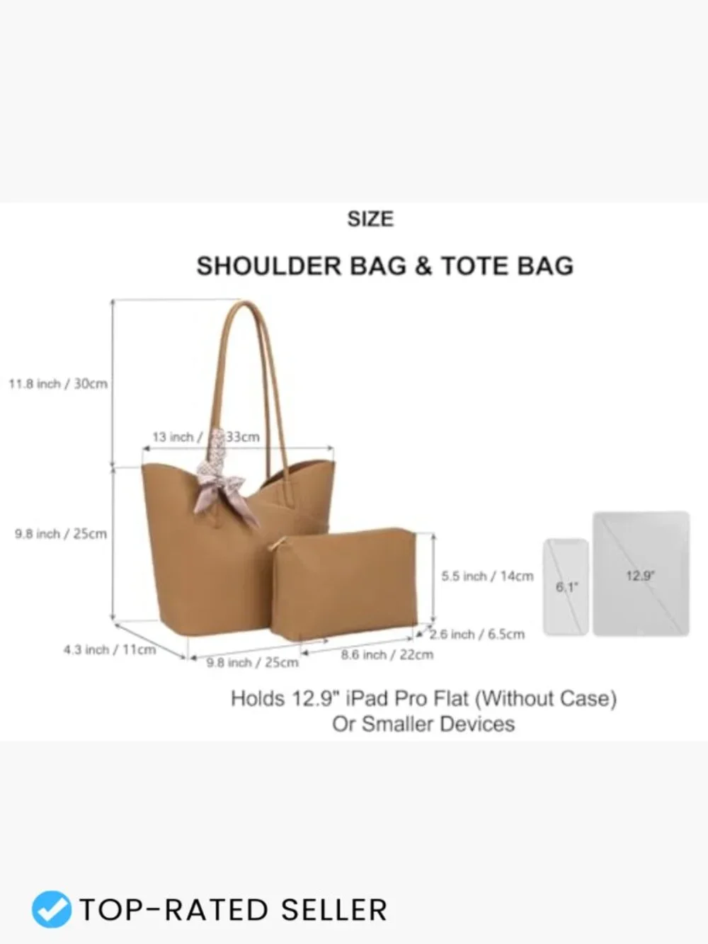 Faux Leather Structured Tote Bag w/ Zipper Clutch, 2-in-1 Work Travel Shoulder